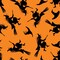 Halloween Flying Witches on Broomsticks on Orange 100% Cotton Fabric